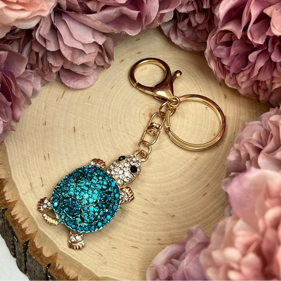 Blue and Silver Crystal Turtle Keychain Charm - Picture 11 of 16